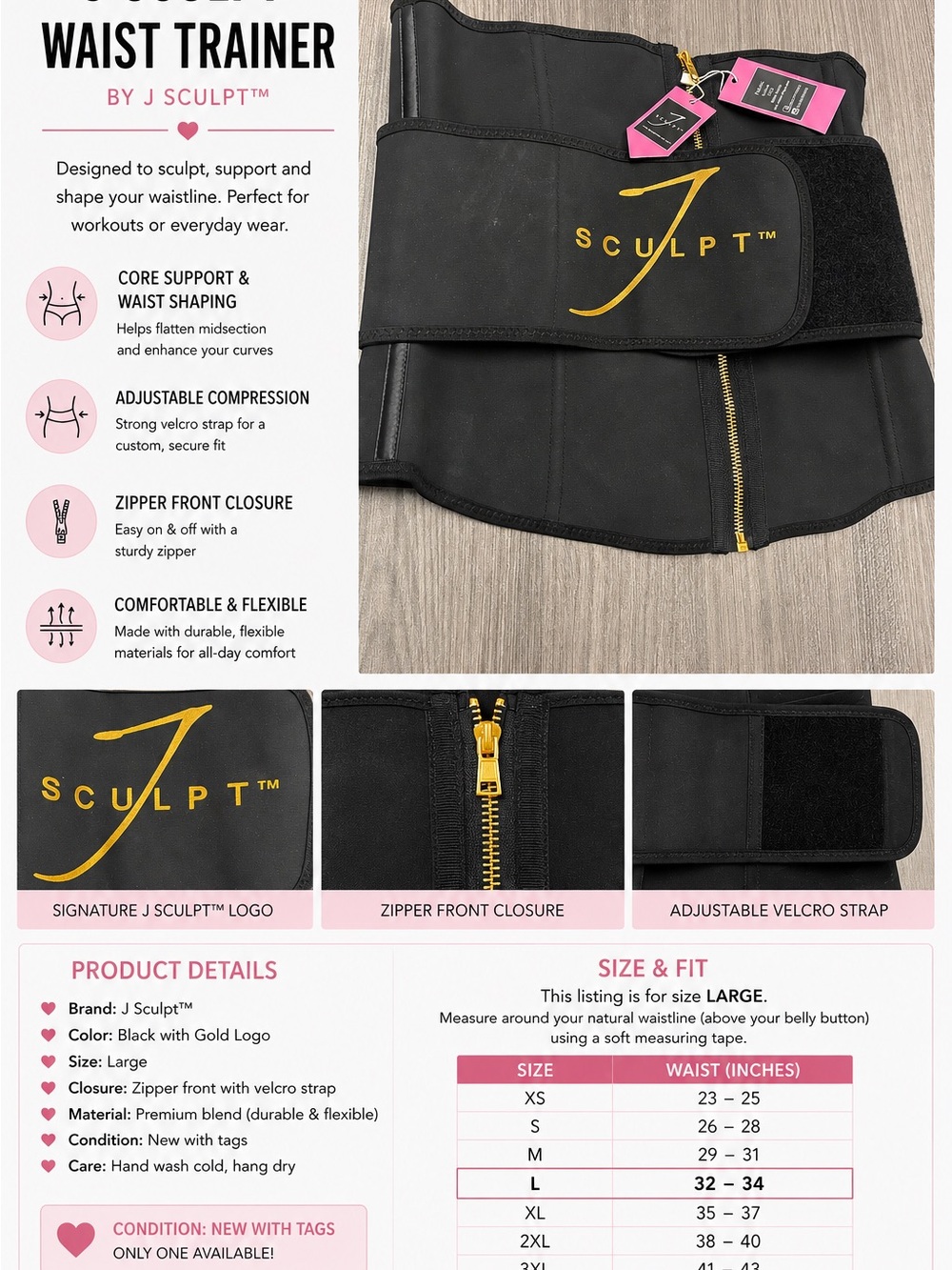 J Sculpt Black Waist Trainer - Adjustable Zipper Front Waist Cincher (Large)